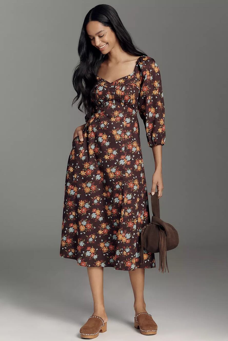 New Anthropologie Love The Label Carlotta Puff-Sleeve Midi Dress $425 MEDIUM